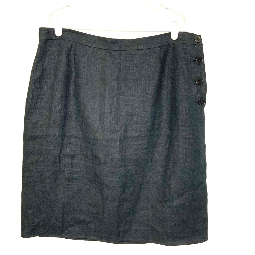 Lauren Ralph Lauren Sz 16 100% Linen Black Knee Length Skirt Side Buttons